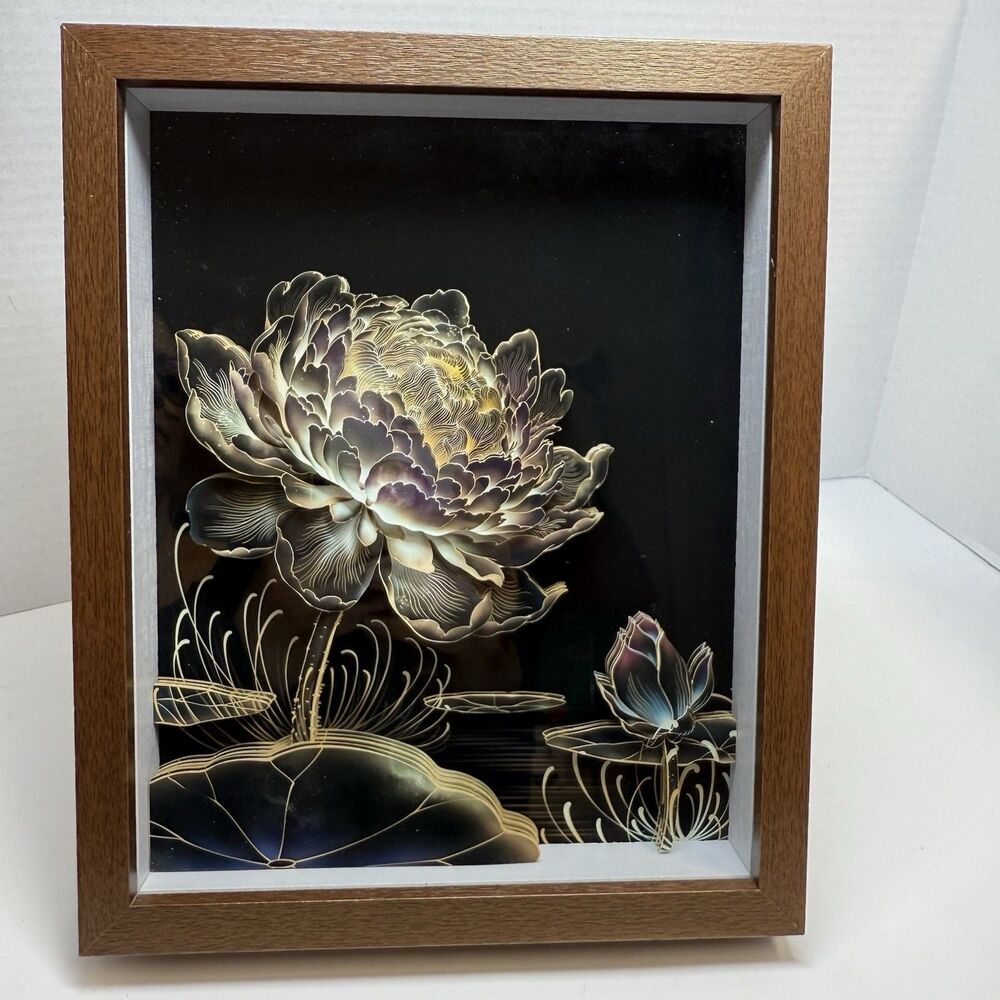3D Eternal Water Lily Handcrafted Paper Carving Art Walnut Frame Shadow Box